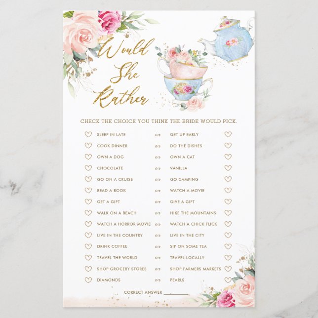Jeu de mariage 'Would She Rather' sur le thème du  (Devant)