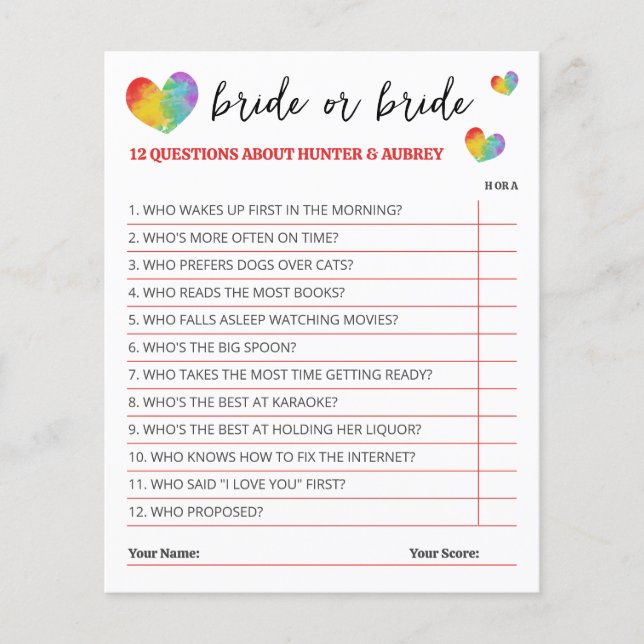 Jeu de mariée ou de mariée aux coeurs arc-en-ciel  (Devant)