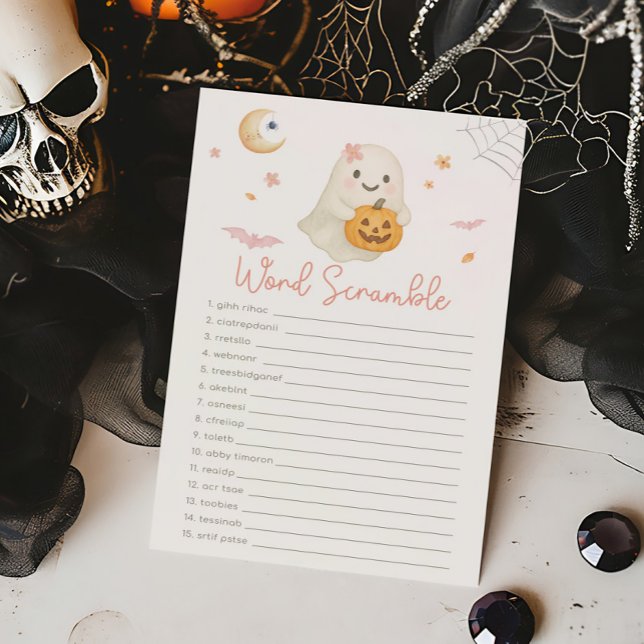 Jeu de mélange de mots Petit Boo Halloween rose (Girl Little Boo Baby Shower Word Scramble Game)