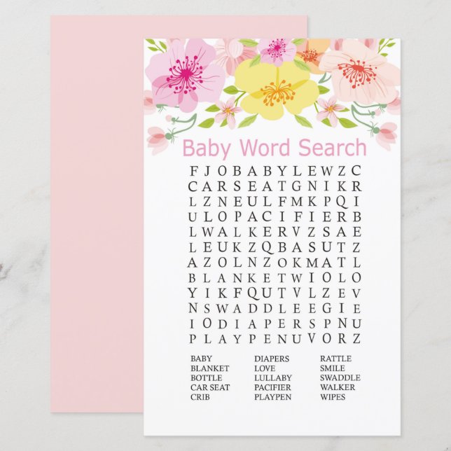 Jeu de mots cachés Baby Shower avec des fleurs dél (Devant / Derrière)