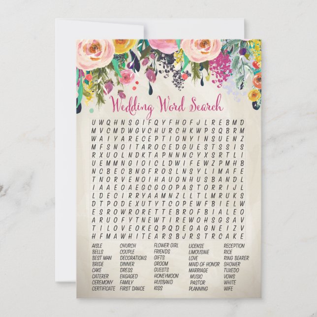 Jeu de mots cachés pour une fête de mariage floral (Devant)