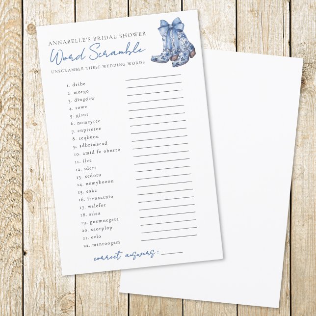 Jeu de mots déformés Pays Arc Vache Mariage de jeu (Word Scramble Country Bow Cowboy Bridal Shower)