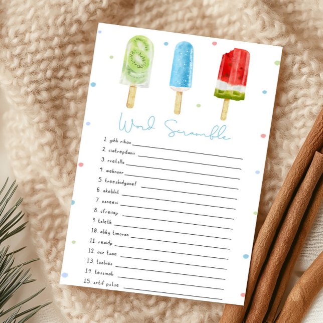Jeu de mots mêlés Baby Shower Blue Popsicle (Ready to Pop Baby Shower Word Scramble Game)