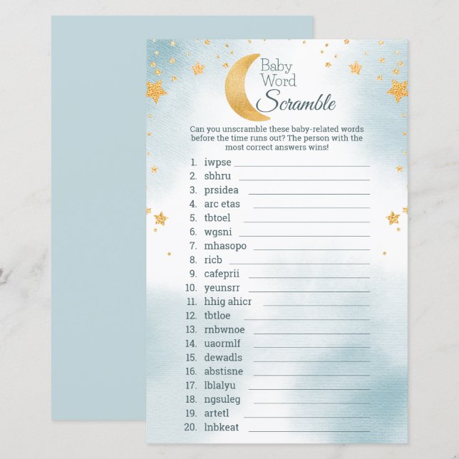 Jeu de mots mêlés Baby Shower Cute Over the Moon (Devant / Derrière)