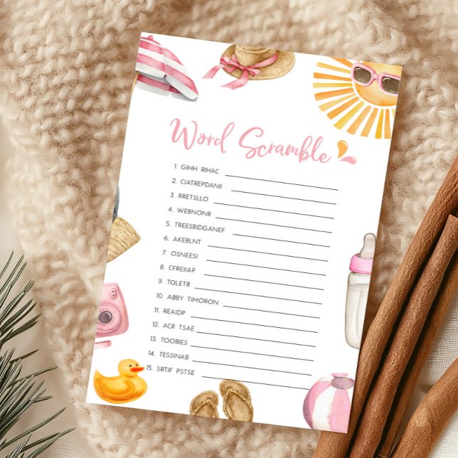 Jeu de mots mêlés Baby Shower Pink Splish Splash (Girl Summer Beach Baby Shower Word Scramble Game)