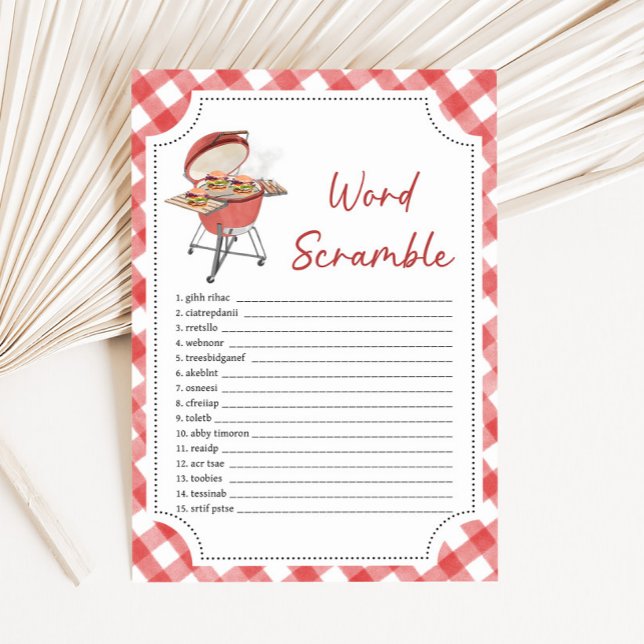 Jeu de mots mêlés Baby Shower Red Burger BBQ (Burger BBQ Baby Shower Game)