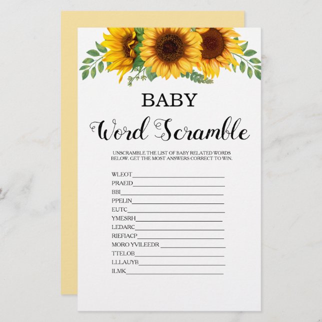 Jeu de mots mêlés Baby Shower Tournesol (Devant / Derrière)
