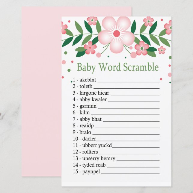Jeu de mots mêlés bébé floral rose (Devant / Derrière)