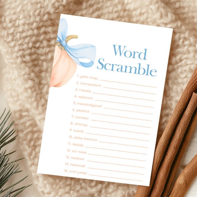 Jeu de mots mêlés Citrouille Arc Bleu (Little Pumpkin Bow Baby Shower Word Scramble Game)