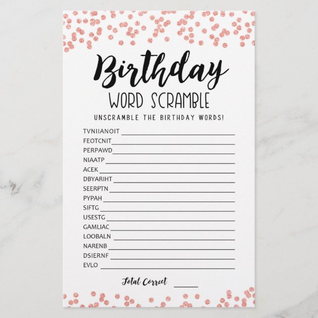 Jeu de mots mêlés d'anniversaire avec réponses (Devant)
