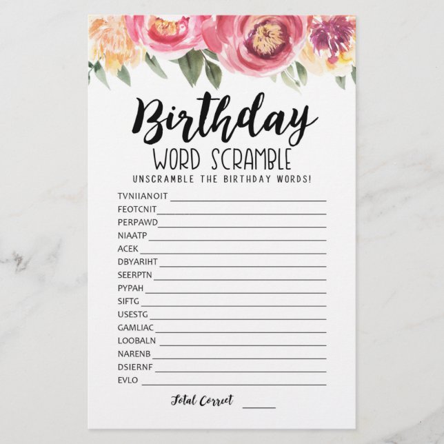 Jeu de mots mêlés d'anniversaire avec réponses (Devant)