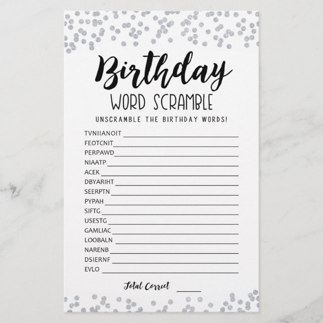 Jeu de mots mêlés d'anniversaire avec réponses (Devant)