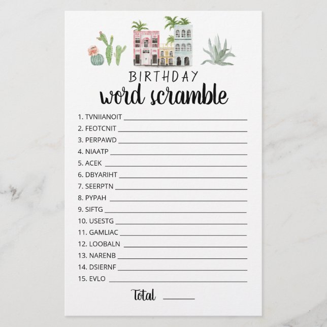 Jeu de mots mêlés d'anniversaire avec réponses (Devant)