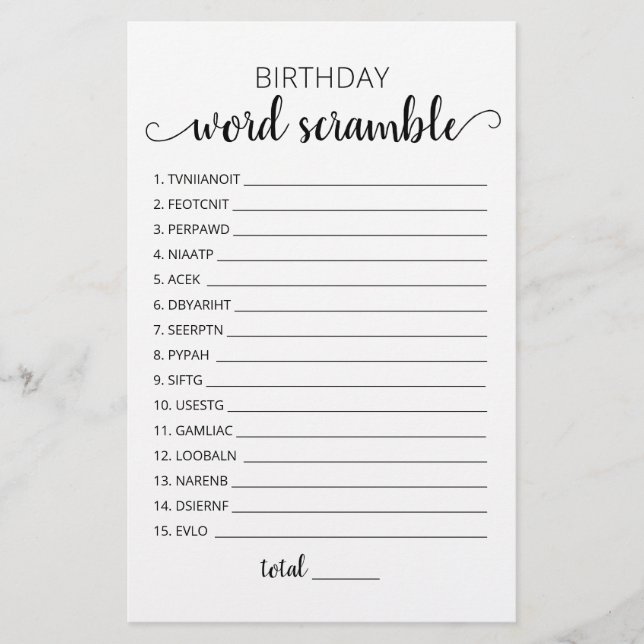 Jeu de mots mêlés d'anniversaire avec réponses (Devant)
