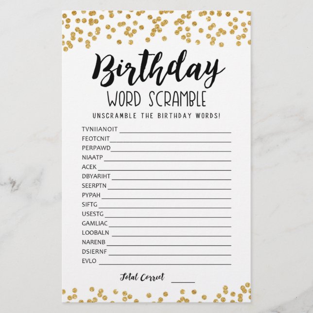Jeu de mots mêlés d'anniversaire avec réponses (Devant)
