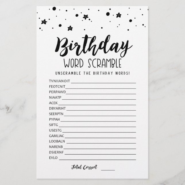 Jeu de mots mêlés d'anniversaire avec réponses (Devant)