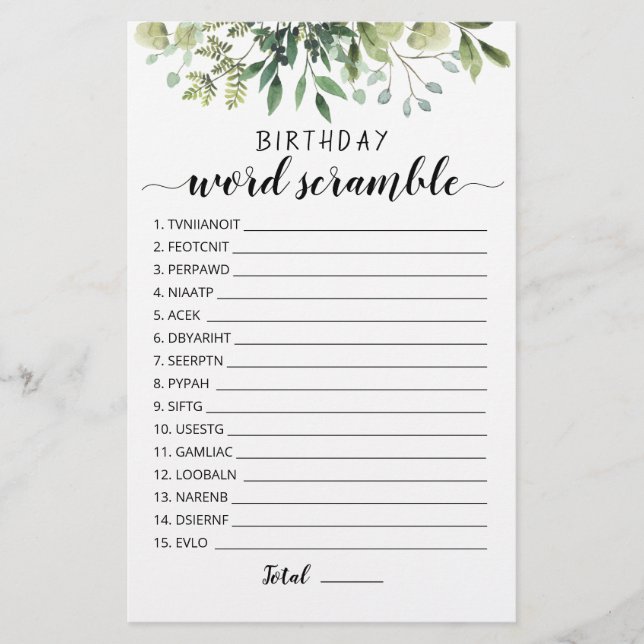 Jeu de mots mêlés d'anniversaire avec réponses (Devant)