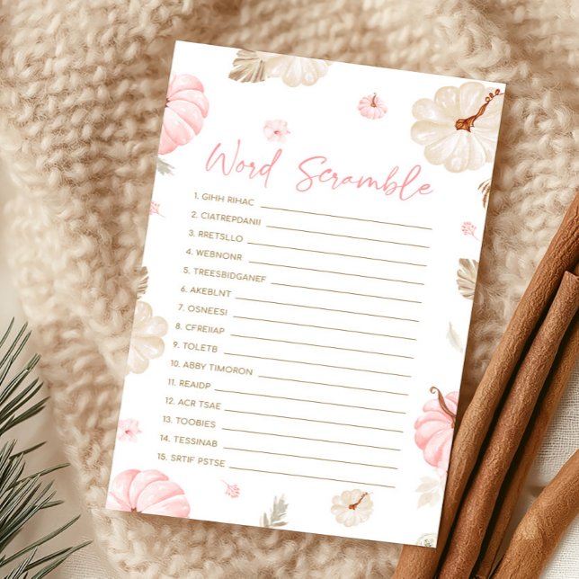 Jeu de mots mêlés de citrouille douce rose automne (Girl Fall Pumpkin Baby Shower Word Scramble Game)