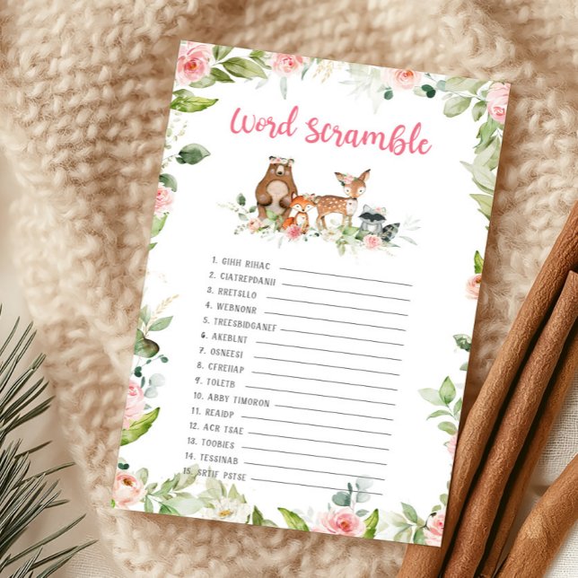 Jeu de mots mêlés de douche florale de la forêt (Girl Woodland Animals Baby Shower Word Scramble Game)