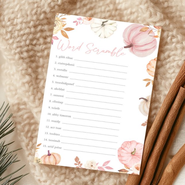 Jeu de mots mêlés de petite citrouille rose d'auto (Girl Little Pumpkin Fall Baby Shower Word Scramble Game)