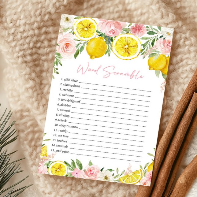 Jeu de mots mêlés Fleurs roses et citron (Summer Lemon Citrus Baby Shower Word Scramble Game)