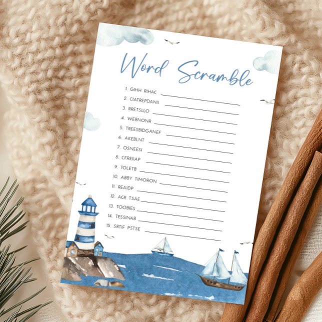 Jeu de mots mêlés nautiques Ahoy C'est un garçon (Blue Boy Baby Shower Word Scramble Game)