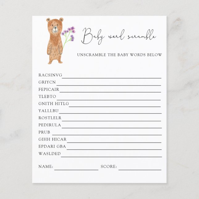Jeu de mots mêlés ours | Jeu de Baby Shower (Devant)