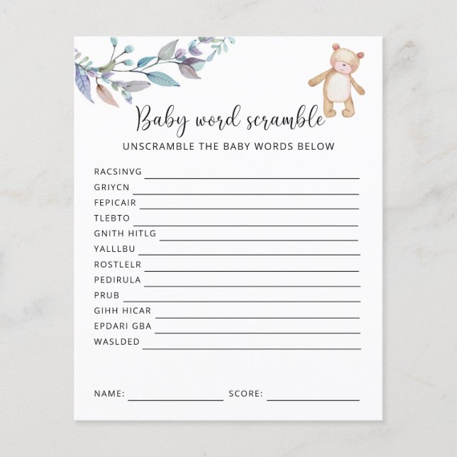 Jeu de mots mêlés Petit Ours | Jeu de Baby Shower (Devant)