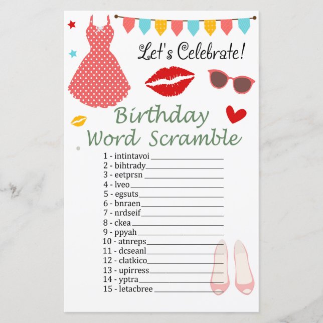 Jeu de mots mêlés pour anniversaire en robe à pois (Devant)