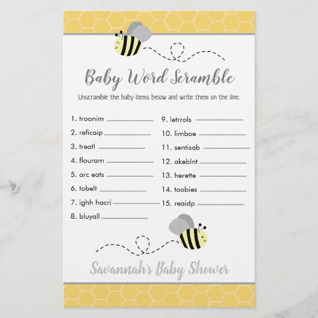 Jeu de mots mêlés pour Baby Shower Bee Baby (Devant)