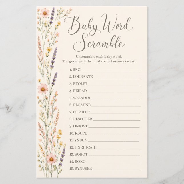 Jeu de mots mêlés pour Baby Shower Boho Wildflower (Devant)