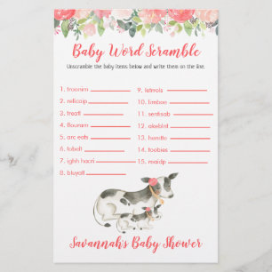 Jeu de mots mêlés pour baby shower de bébé vache