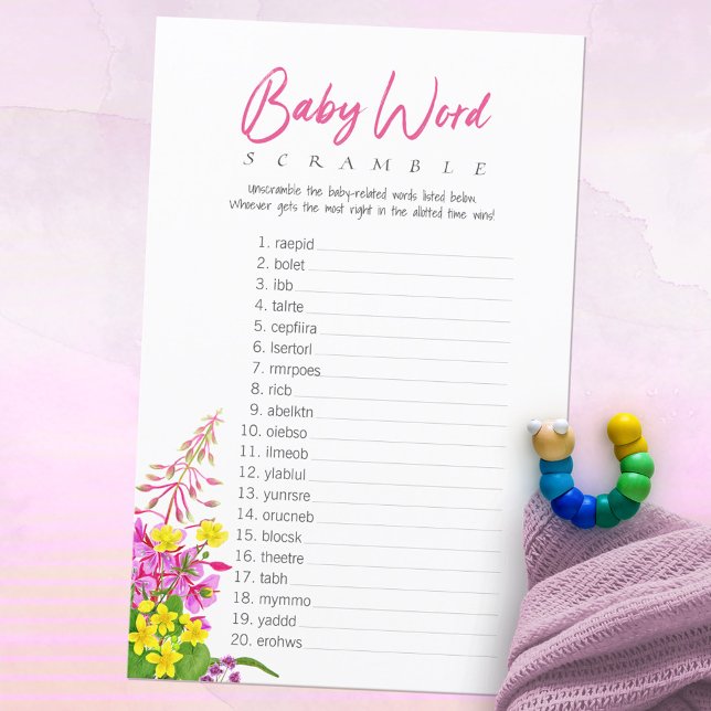 Jeu de mots mêlés pour Baby Shower sur le thème de (Wildflower Baby Shower Baby Word Scramble Game ©Susanne Sachers - Sunny Mind Design 🌞)