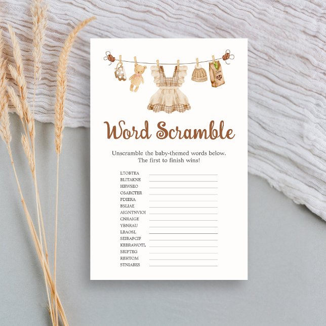 Jeu de mots mêlés pour Baby Shower sur le thème du (Coffee Little Bean Clothesline Baby Shower Word Scramble Game)