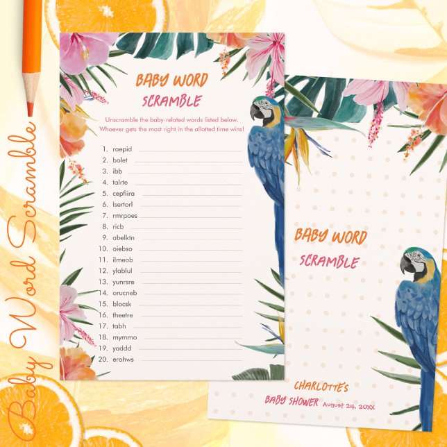 Jeu de mots mêlés pour Baby Shower sur le thème du (Tropical Parrot Baby Shower Word Scramble Game ©Susanne Sachers - Sunny Mind 🌞)