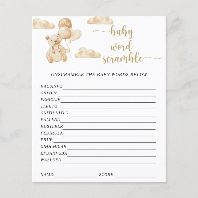 Jeu de mots mêlés pour bébé ours | Jeu de baby sho (Devant)