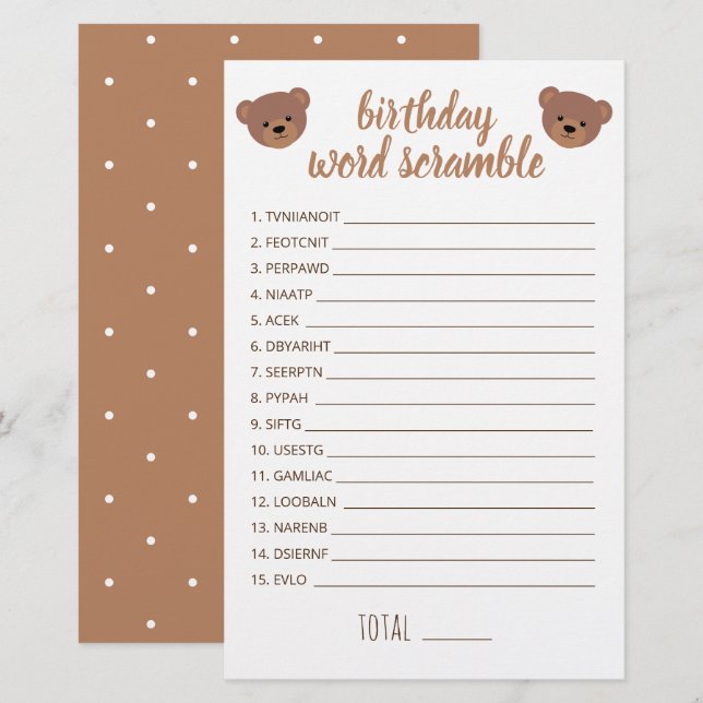 Jeu de mots mêlés pour l'anniversaire de bébé avec (Devant / Derrière)