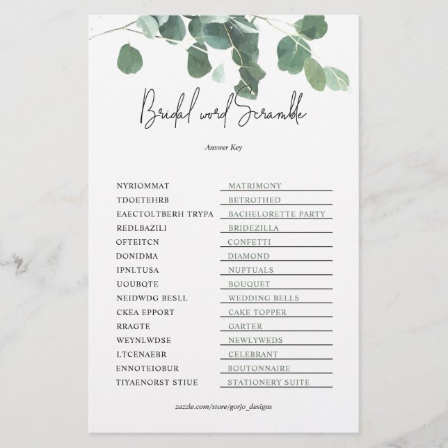 Jeu de mots mêlés pour mariage sur le thème Eucaly (Devant)