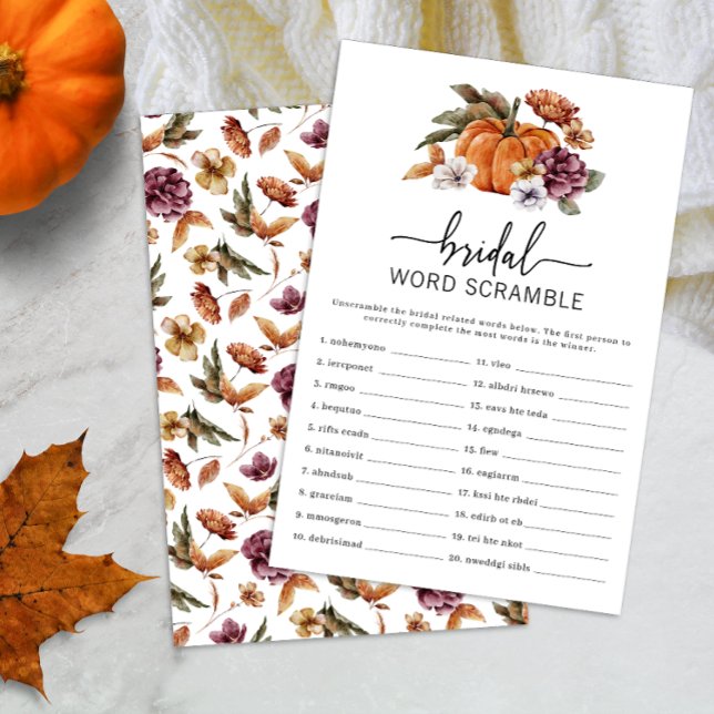 Jeu de mots mêlés sur le thème de la citrouille (Fall Bridal Word Scramble Game Fall In Love Bridal Shower Pumpkin Florals)