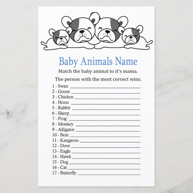 Jeu de nom d'animaux bébé Bouledogue (Devant)