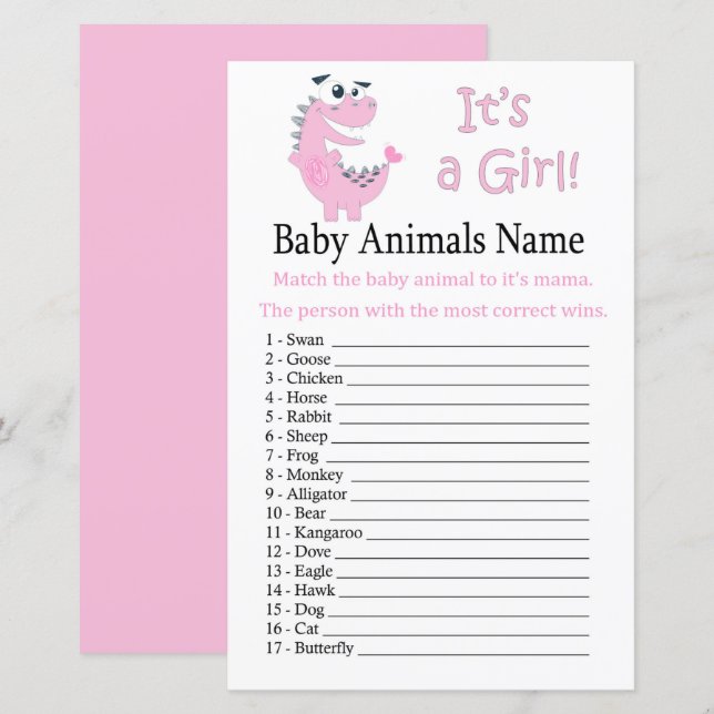 Jeu de nom d'animaux bébé dinosaure rose (Devant / Derrière)
