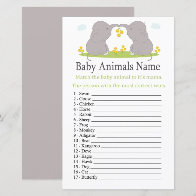 Jeu de nom d'animaux bébé éléphant (Devant / Derrière)