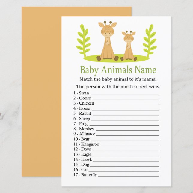 Jeu de nom d'animaux bébé girafe (Devant / Derrière)