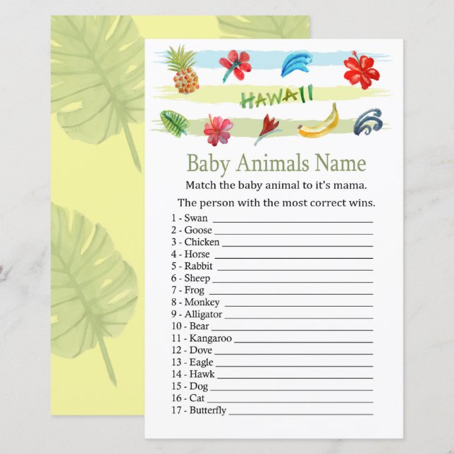 Jeu de nom d'animaux bébé Hawaï (Devant / Derrière)