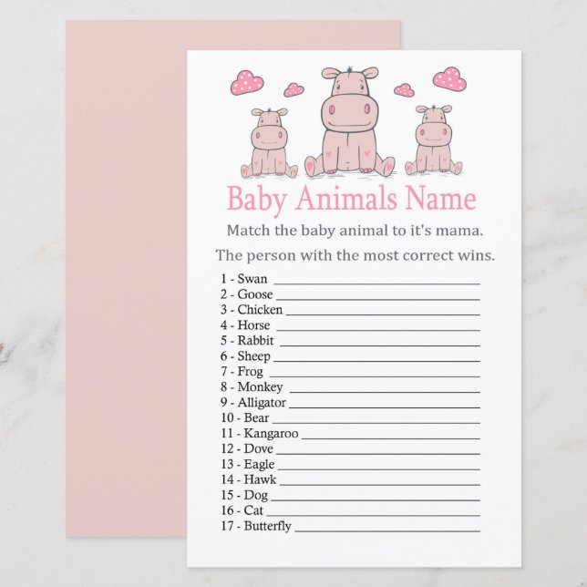 Jeu de nom d'animaux bébé hippopotame rose (Devant / Derrière)