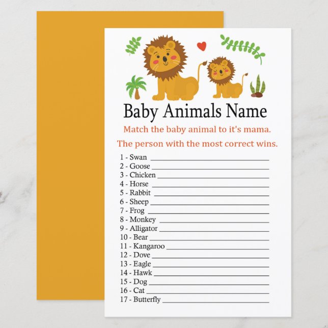 Jeu de nom d'animaux bébé Lion (Devant / Derrière)