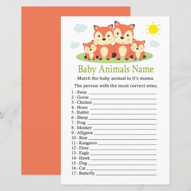 Jeu de nom d'animaux bébé renard (Devant / Derrière)