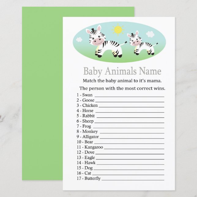Jeu de nom d'animaux bébé zèbre (Devant / Derrière)