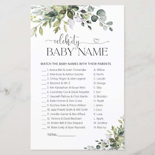 Jeu de nom de bébé de célébrité Baby Shower botani (Devant)