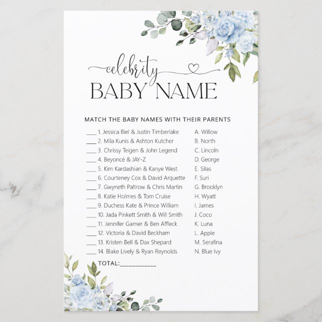 Jeu de nom de bébé de célébrité Baby Shower Fleurs (Devant)